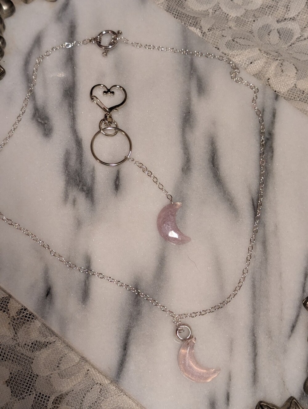 Handcrafted Silver Plated & Lavender  Crescent Moon Necklace & Bag Charm